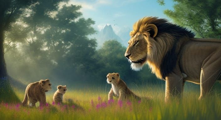 Surreal Scene of a Lion Cub and Turtle Singing Together in a...