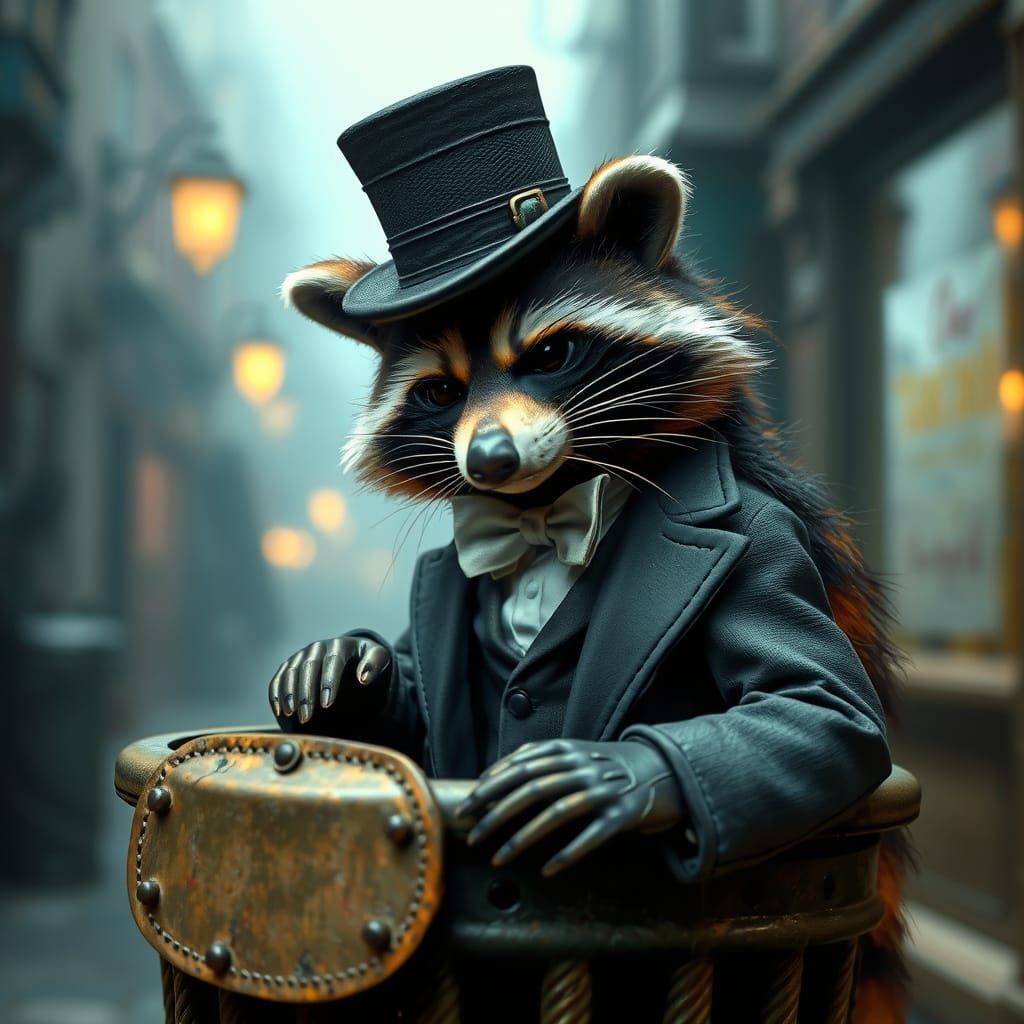 Steampunk Raccoon in Tuxedo Searches Garbage Can