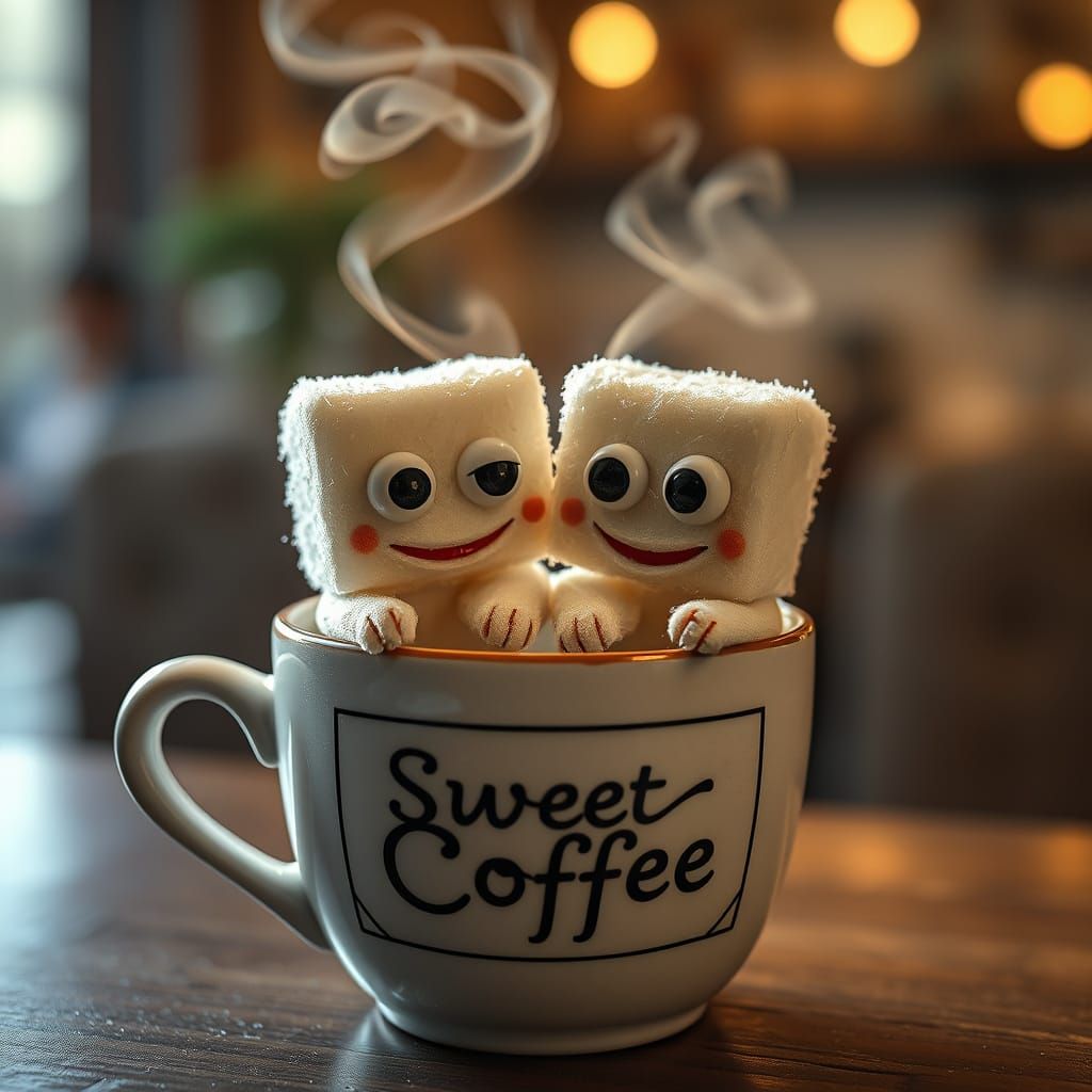 Sugar Cube Friends in a Steaming Coffee Cup