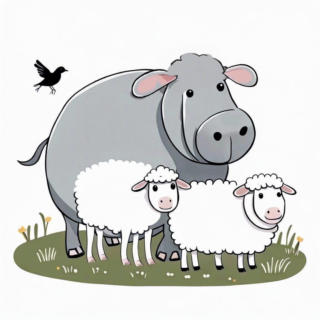 Adorable Hippo, Bird, and Sheep in Boynton Style