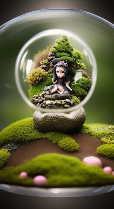 Fairy in a bubble in a zen garden thats also in a bubble