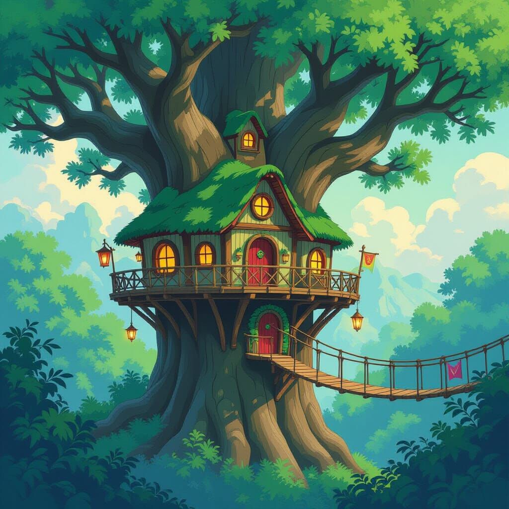 Whimsical Treehouse Village in Ghibli Animation Style