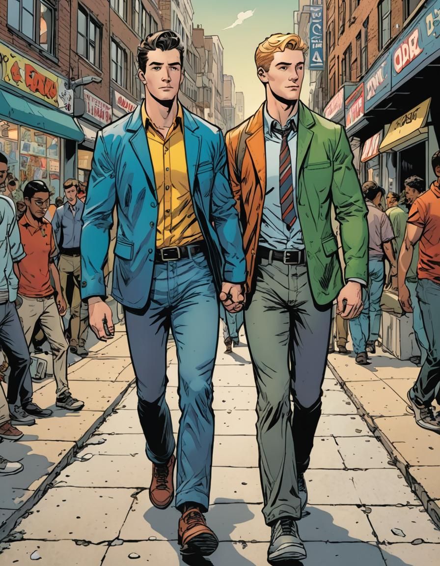Gay Couple Walking, Comic Book Illustration