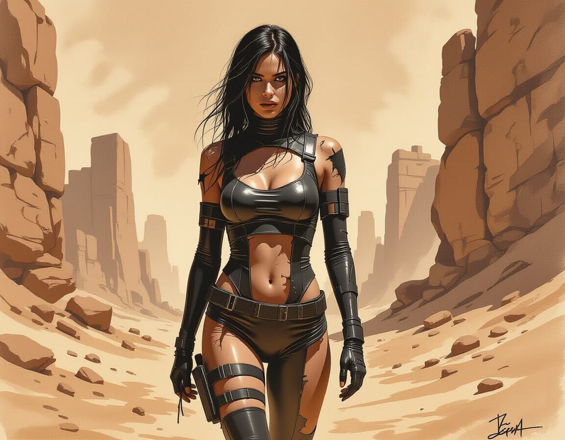 Lone Woman in Scorched City, Monochrome Ink Wash Art