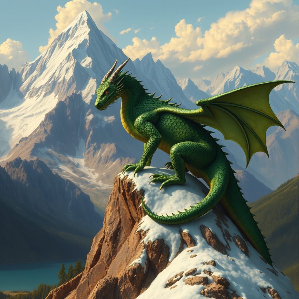 Majestic Green Dragon Surveys its Alpine Domain
