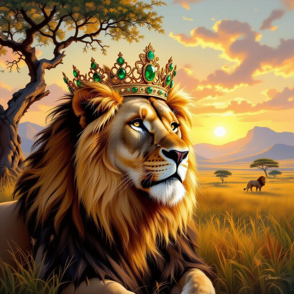 Majestic Lion King in Crown: Savanna Kingdom Portrait