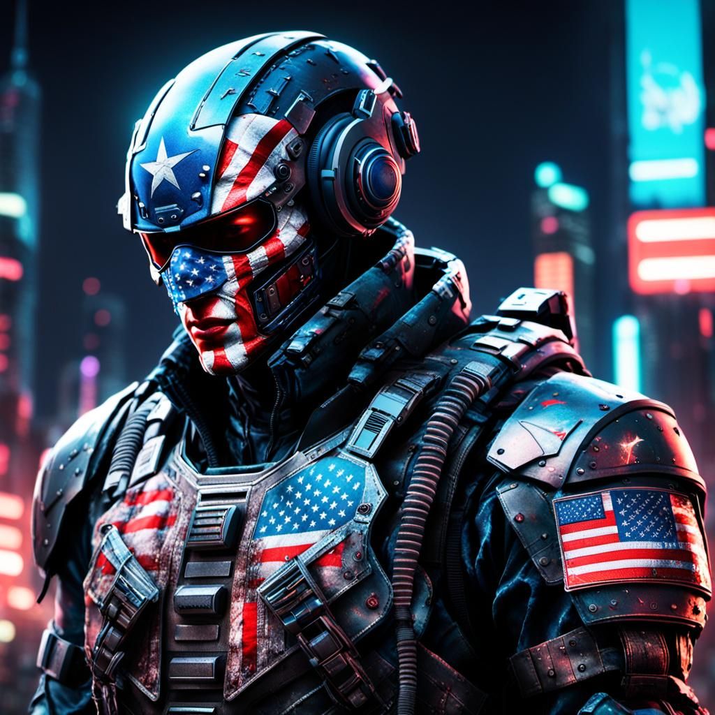 Futuristic Soldier with American Flag Armor