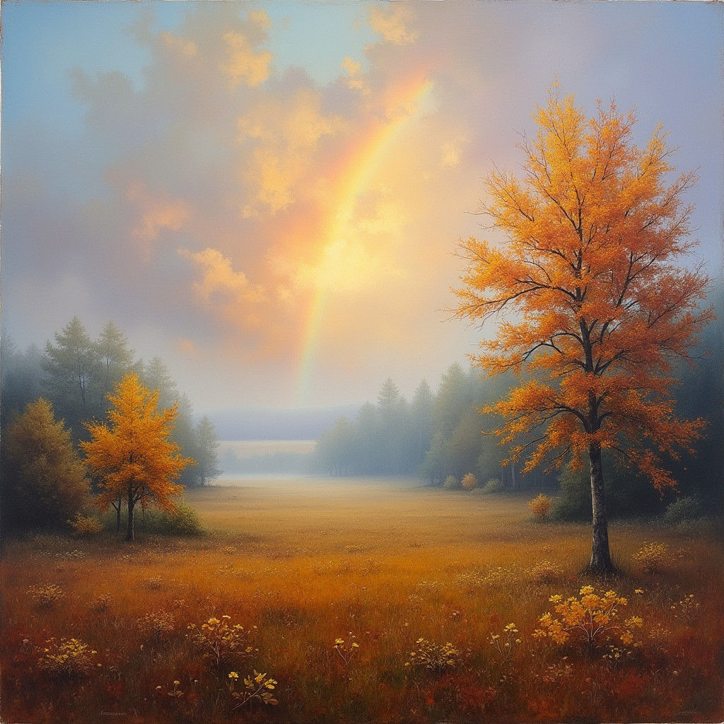 Autumn Landscape with Rainbow in Impressionist Style