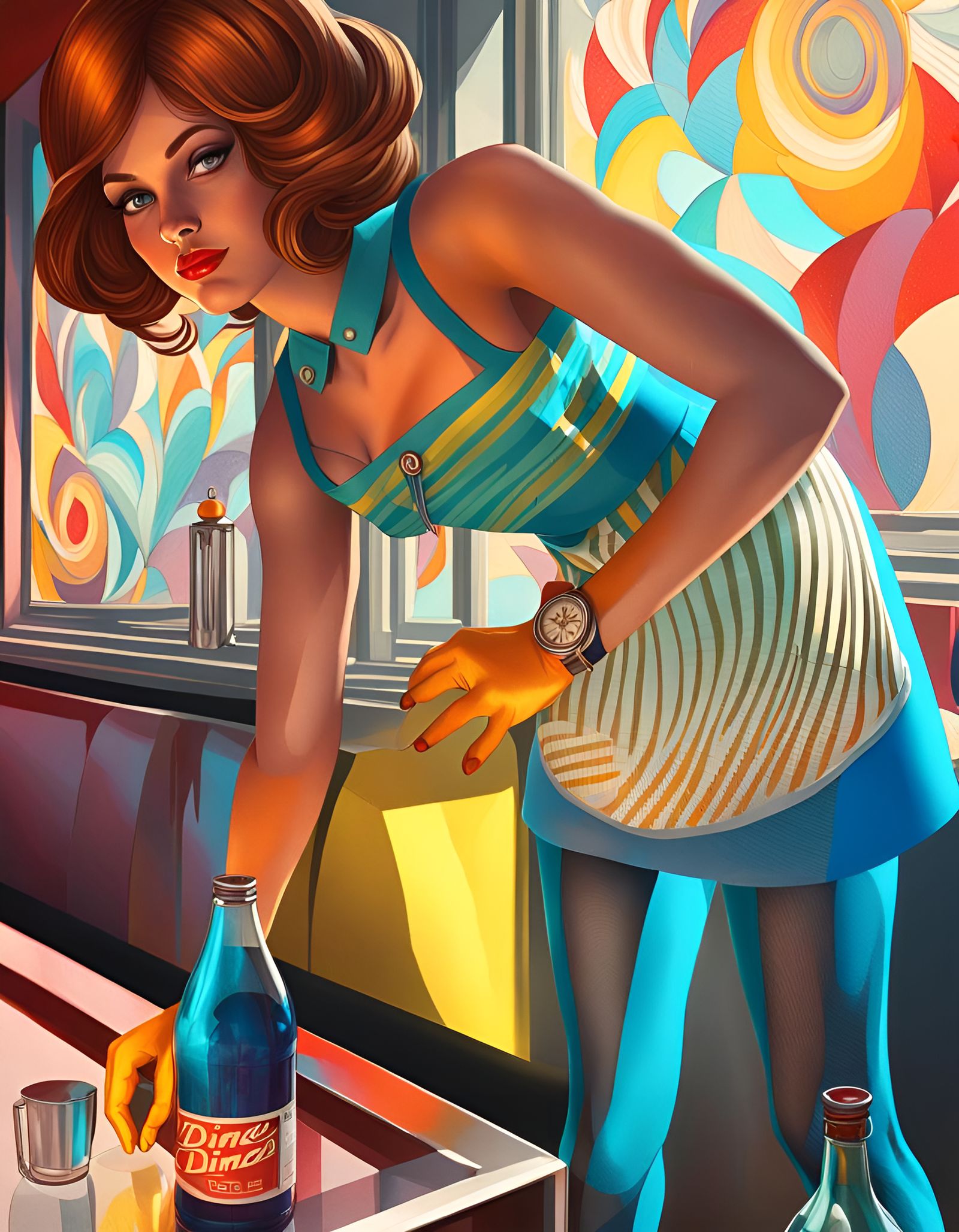 1960s Diner Waitress Portrait in Abstract Art Style