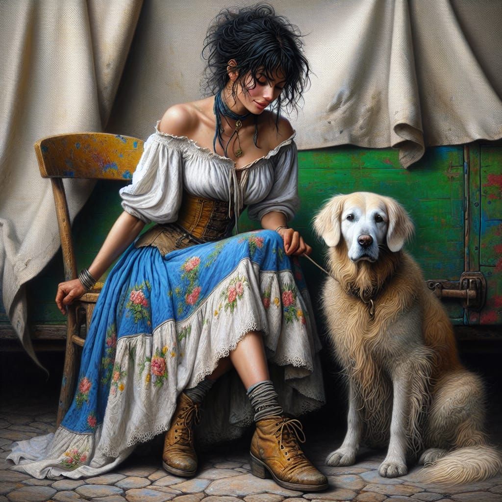 Romani Woman with Dog in Oil Painting