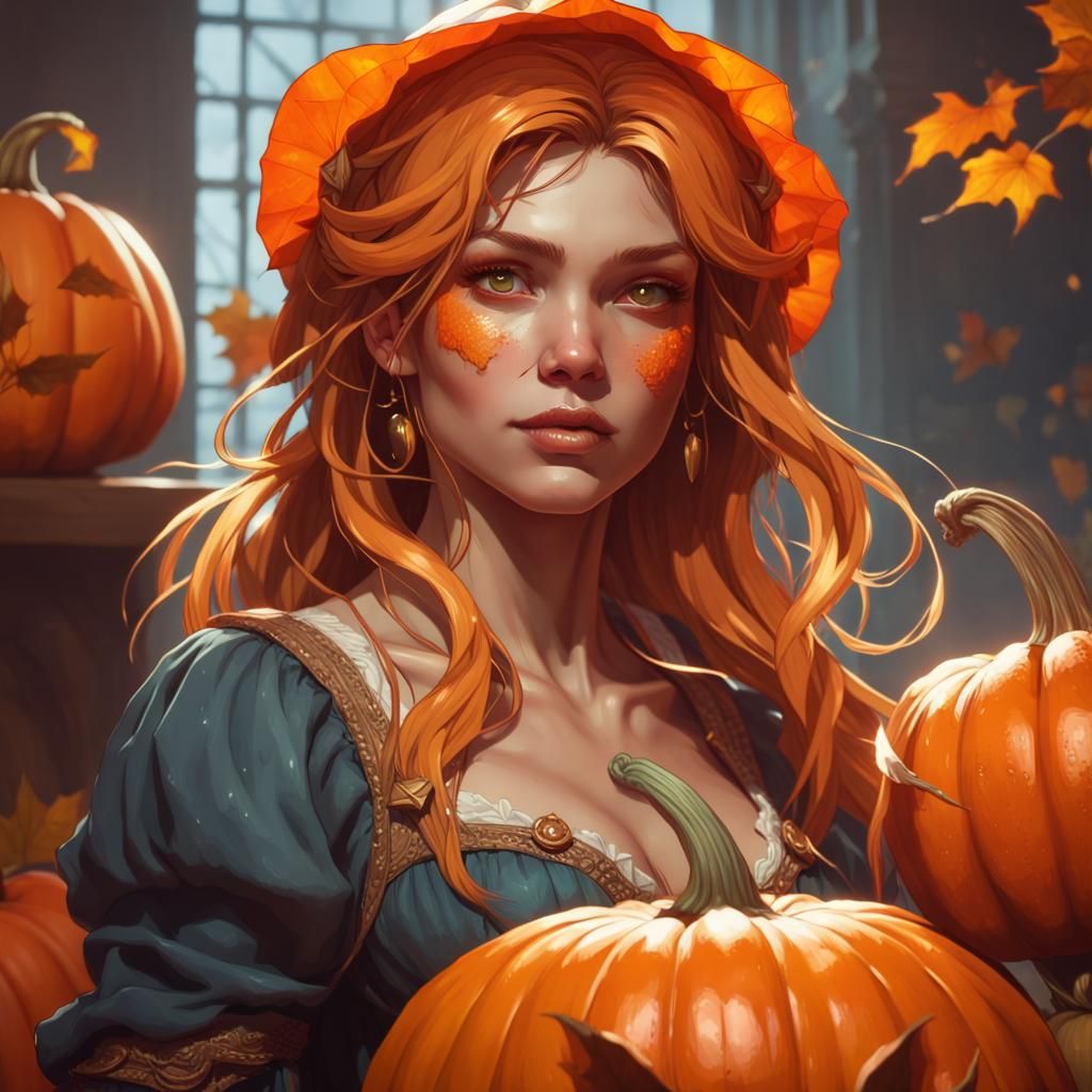 Detailed Pumpkin Girl Portrait in Art Nouveau Style