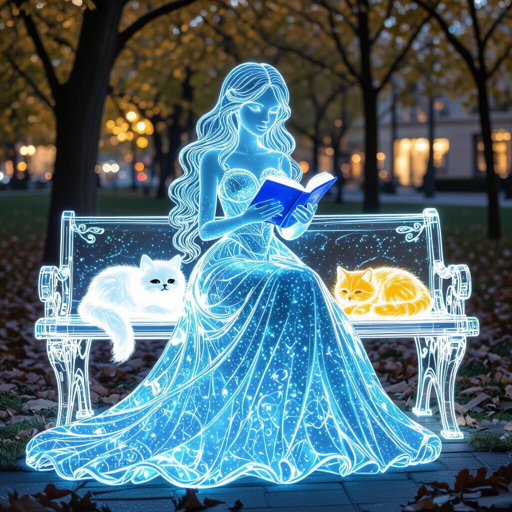 Blue Glowing Girl with Book on Transparent Bench