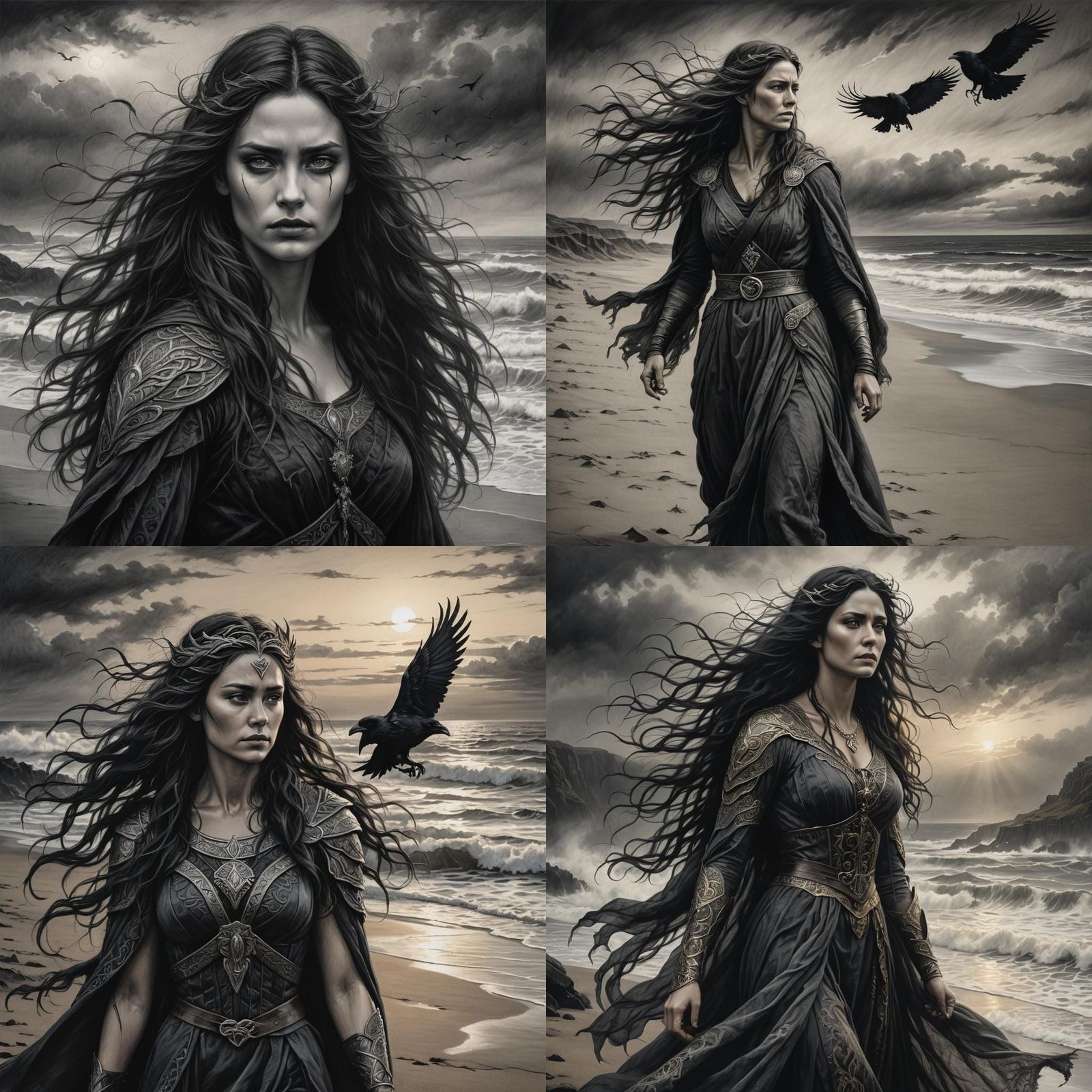 Norse Goddess Hel Reigns Over Beach Landscape in Charcoal Dr...