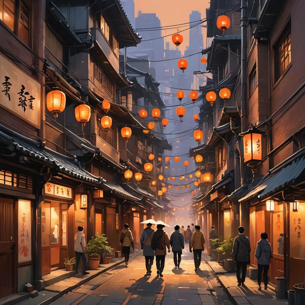 Bustling East Asian Alleyway in Digital Painting Style