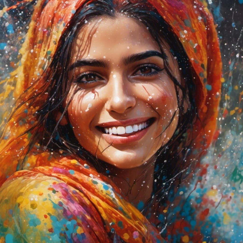 Smiling Punjabi Woman: Sensual Splash Art Portrait