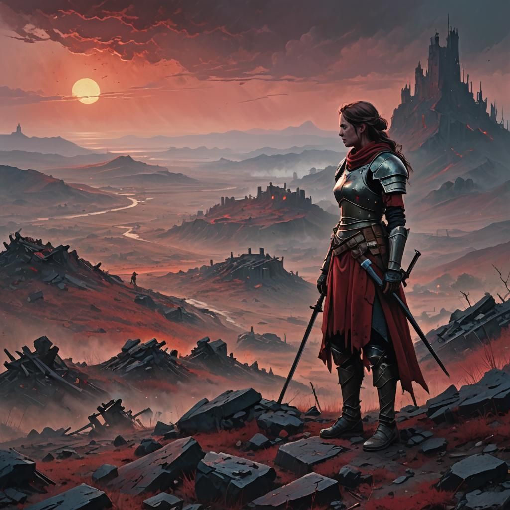 Dystopian Warrior at Dawn Over Battlefield