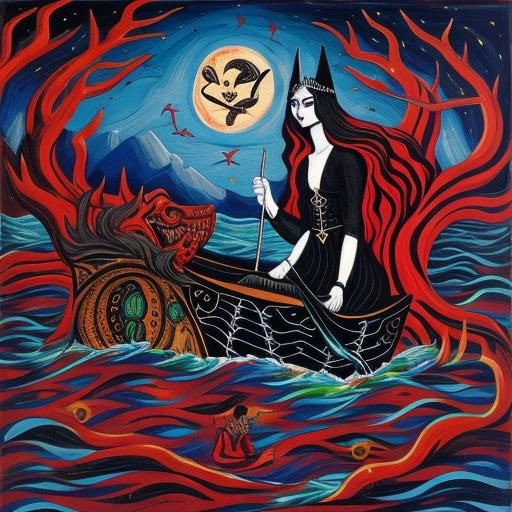 Charon Ferries a Soul: Folk Art Mixed Media