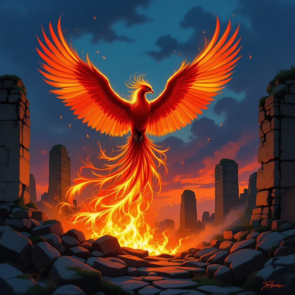 Phoenix Rising from Embers in Ancient Ruins