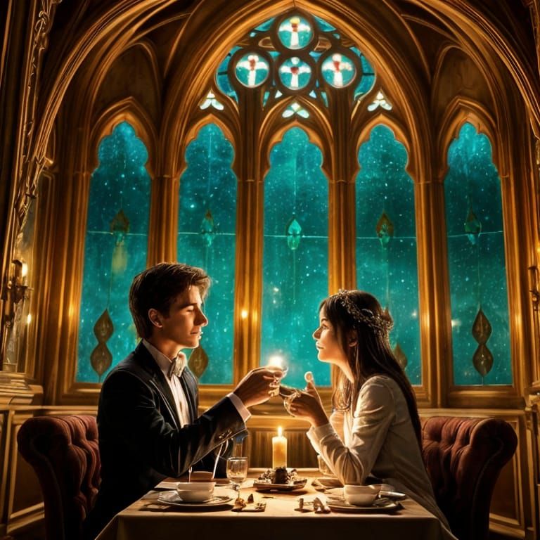 Enchanted Romantic Cafe with Stained Glass and Candles
