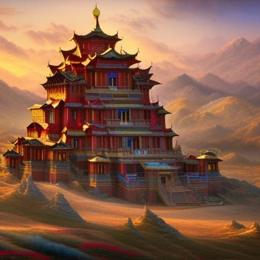 Colorful Mongolian Temple in Hyperrealistic Style