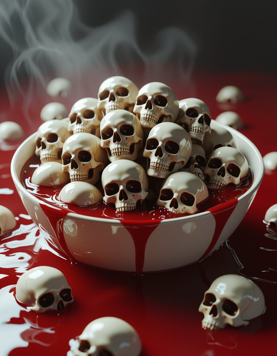 Ceramic Bowl Overflowing With Skulls in Blood-Red Milk
