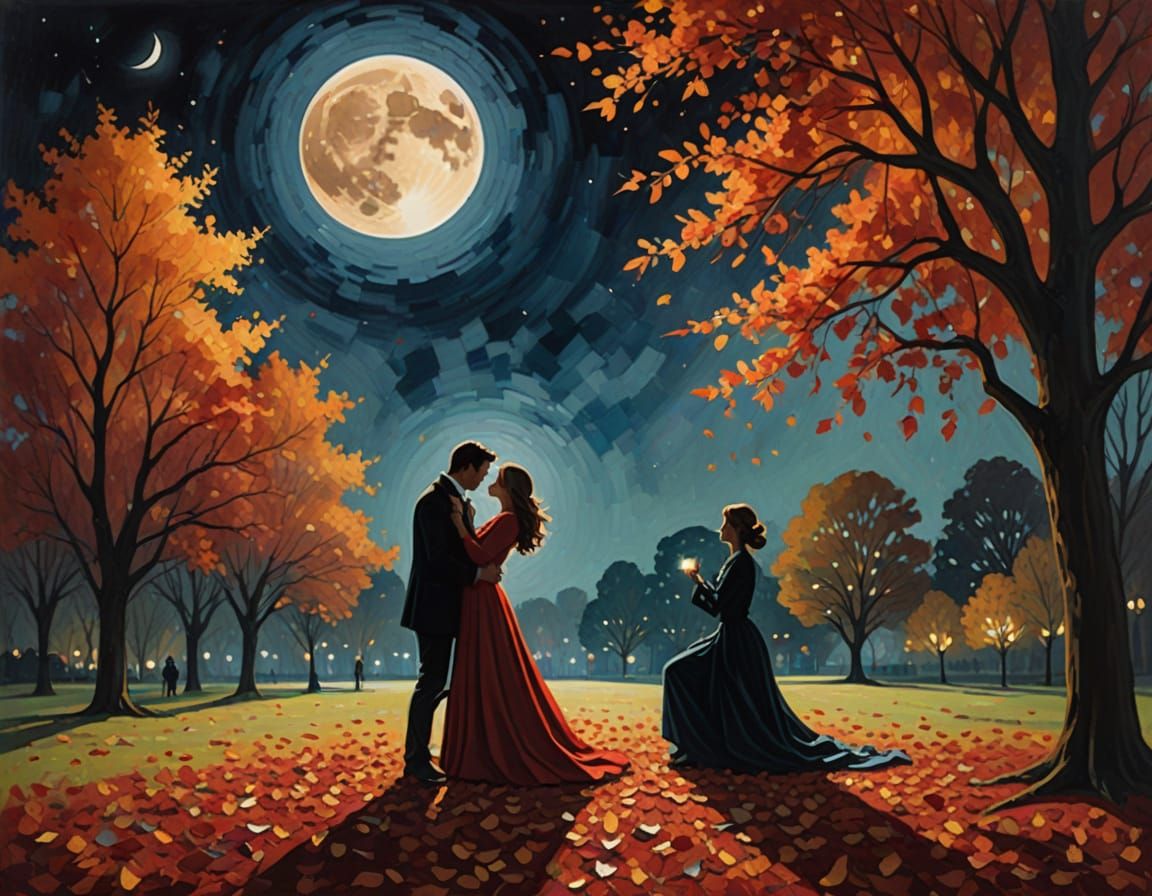 Romantic Proposal in Autumn Park: Neo-Impressionism