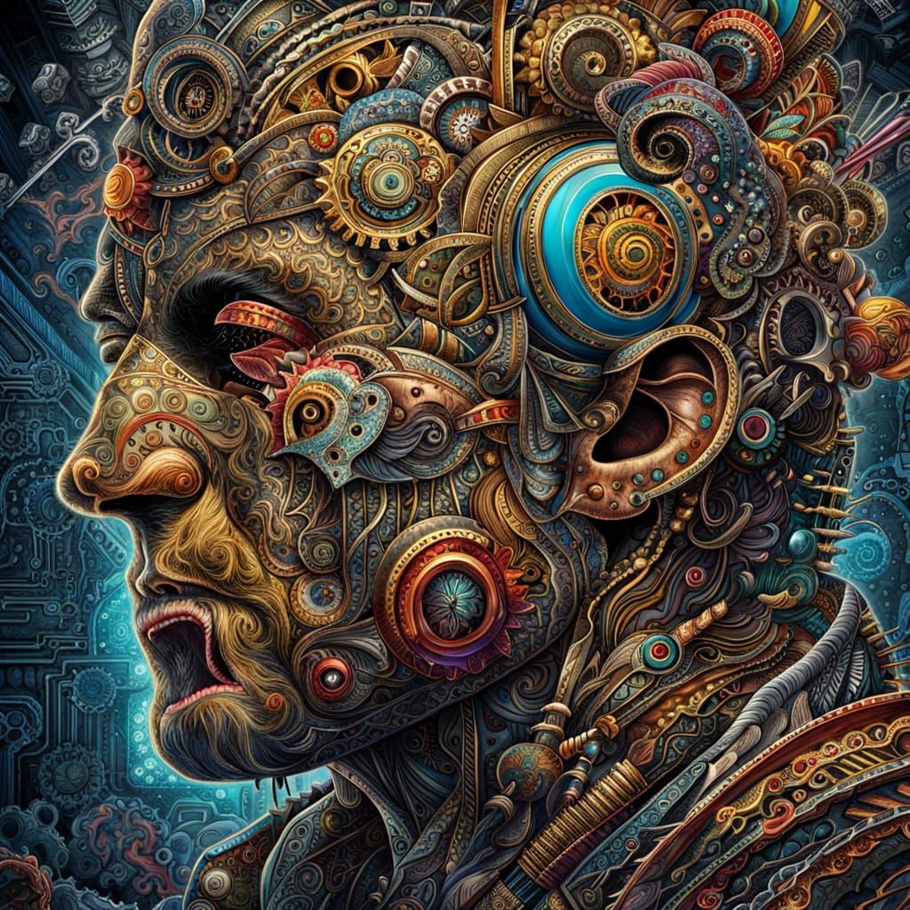 Detailed Mixed Media Artwork of Stressed Man