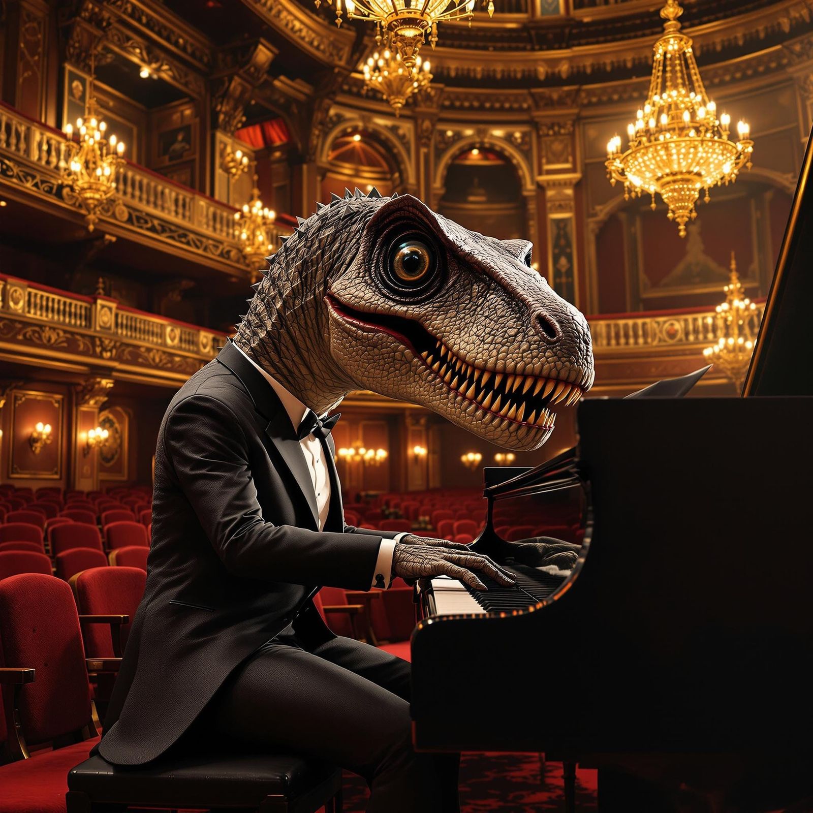 T-Rex Pianist in Opulent Concert Hall: 3D Render