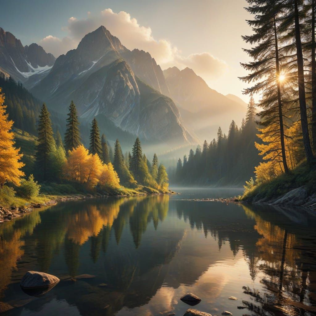 Panoramic Sunrise Mountain Lake Landscape