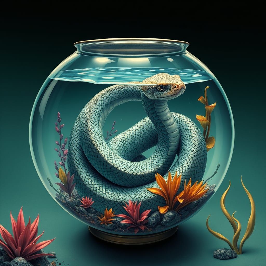 Surreal Serpent Occupies Vintage Fish Bowl