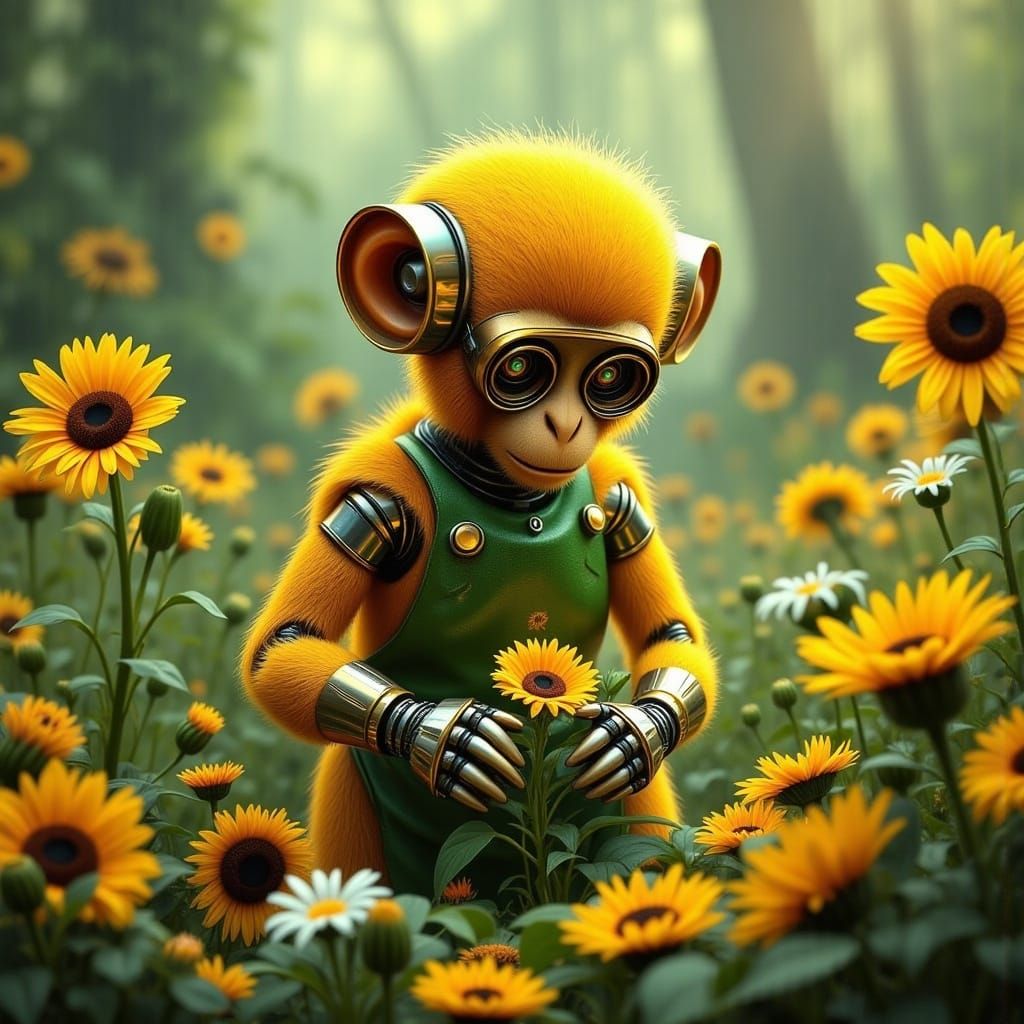 Robot Monkey Tends Whimsical Flower Garden in Vibrant Colors