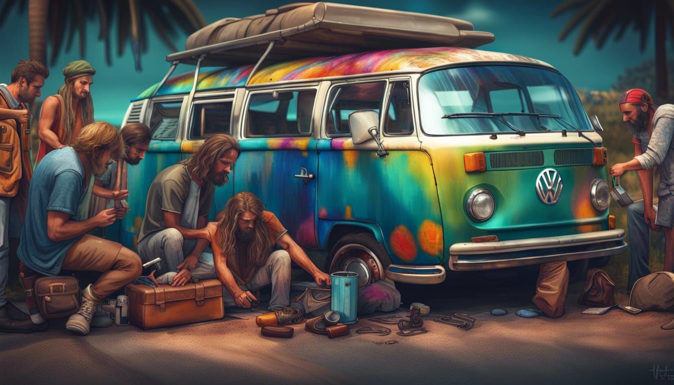 Hippies Repairing VW Bus: Pop Art Roadside Scene