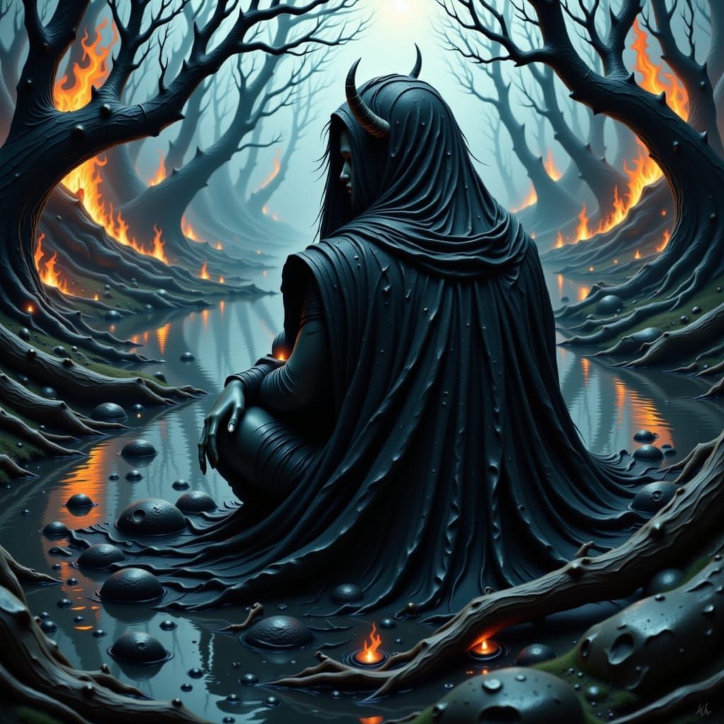 Figure by River with Burnt Bridges, Digital Art