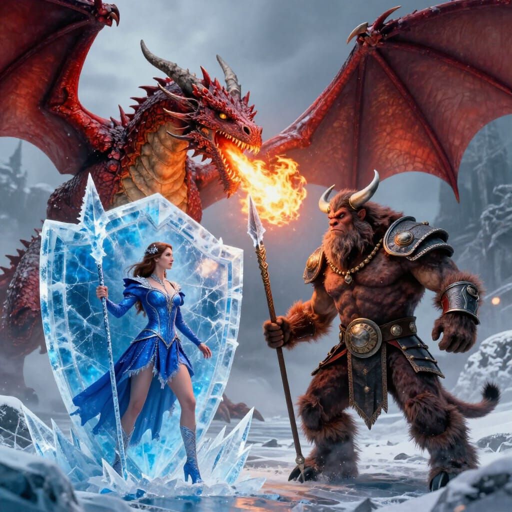 Dragon Fire vs Sorceress Ice Shield Realistic Scene