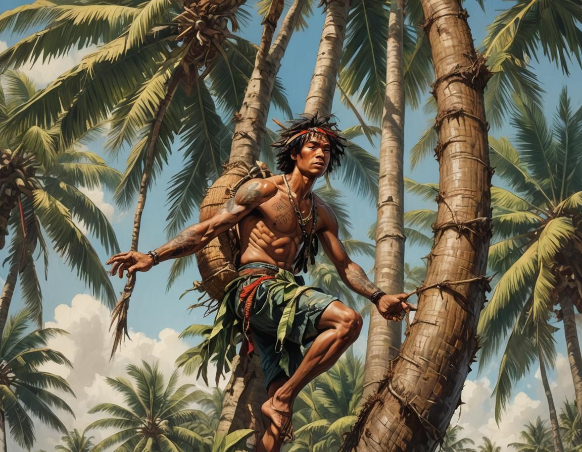 Pacific Islander Climbing Coconut Tree, Vintage Illustration