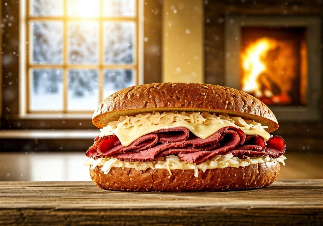 Cozy Winter Scene of Hearty Reuben Sandwich in Warm Kitchen...