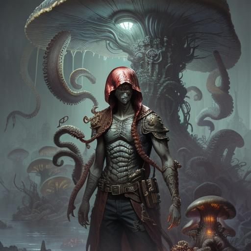 Octopus Mushrooms on Microchip: Dark Fantasy Art