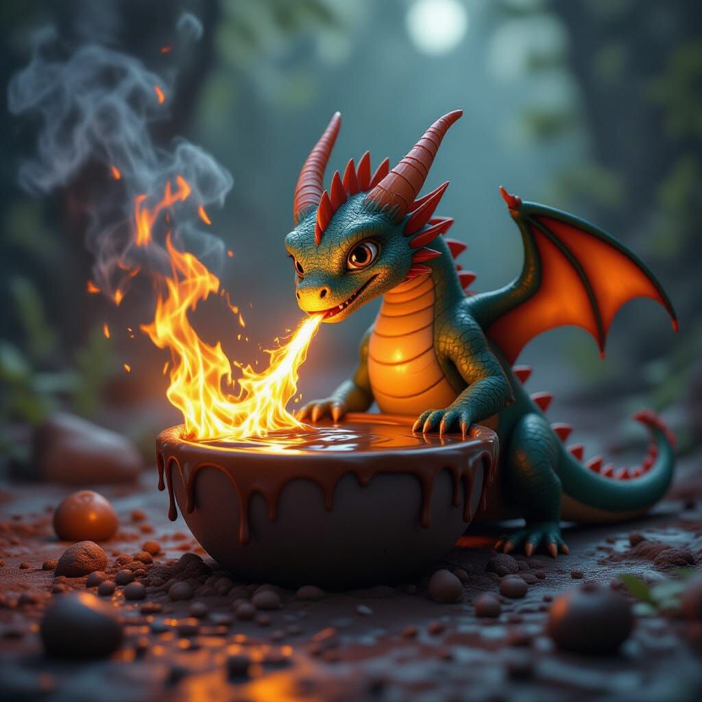 Tiny Dragon Breathes Fire on Molten Chocolate