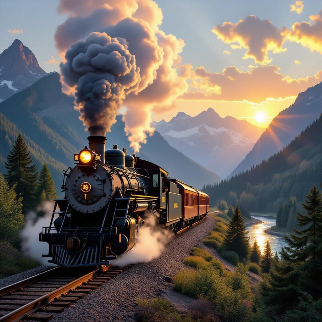 Epic Steam Train at Sunset in Mountain Pass