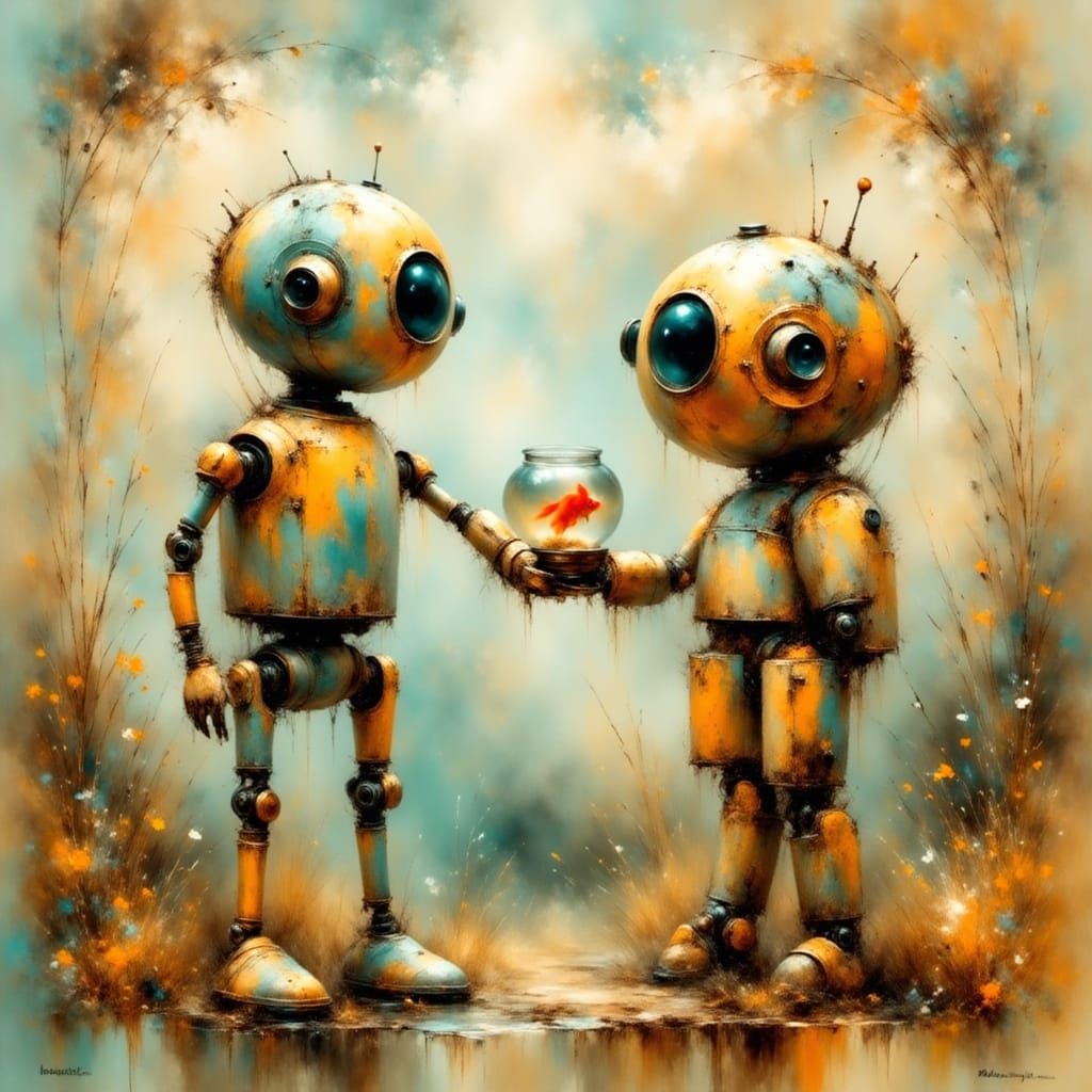 Cute Robot Holding a Fishbowl in Impressionist Style