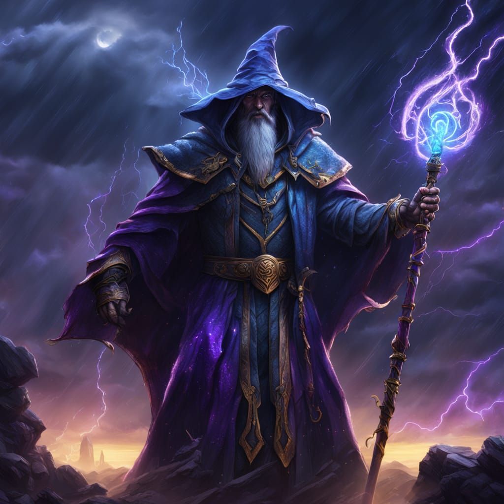 Mysterious Wizard Harnesses Storm Power in Epic Fantasy Art