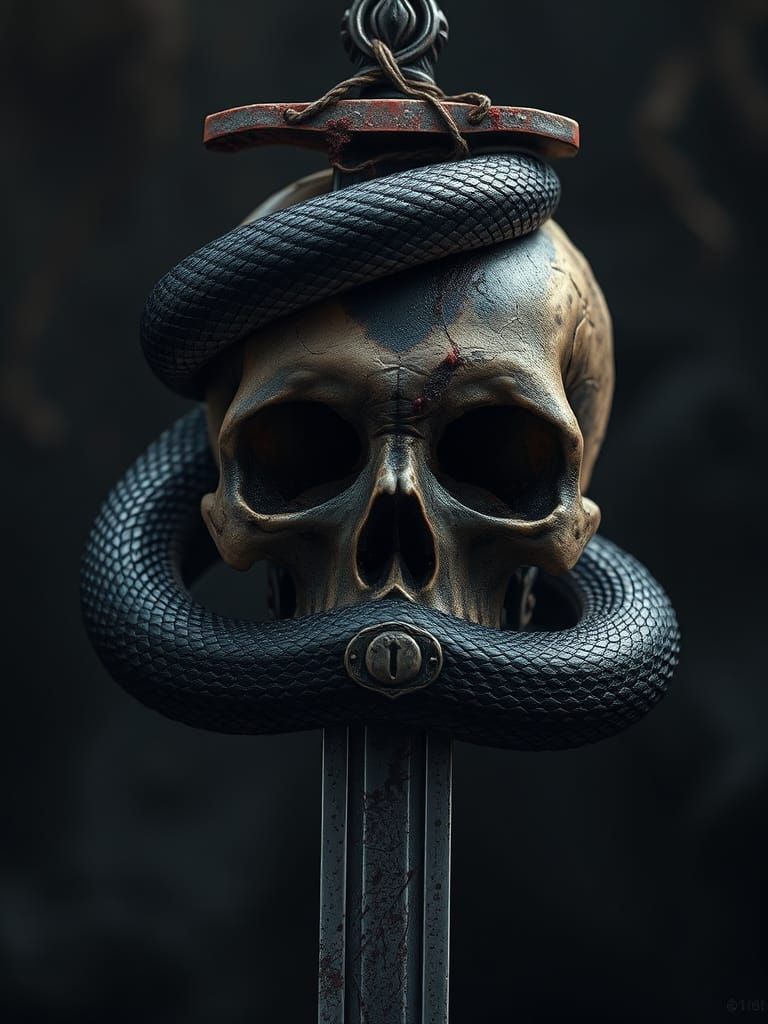 Sword Through Skull with Snake, Dark Fantasy Art