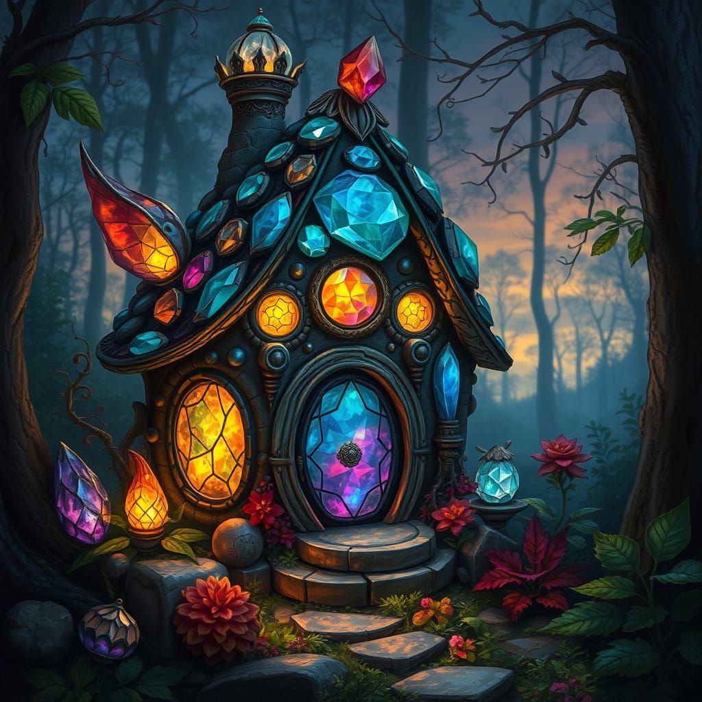 Whimsical Gemstone Goblin Home in Mystical Forest