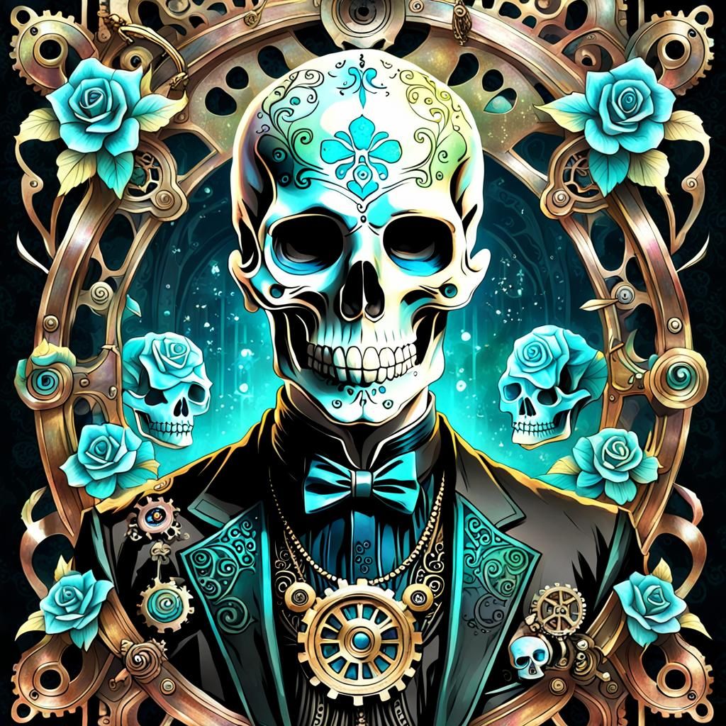 Iridescent Steampunk Sugar Skull Art