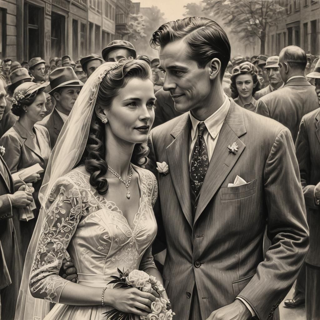 Hyperdetailed Charcoal Drawing of 1945 Wedding