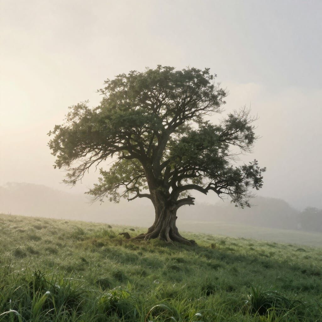 Ancient Tree on Windswept Hill in Ethereal Watercolor Style