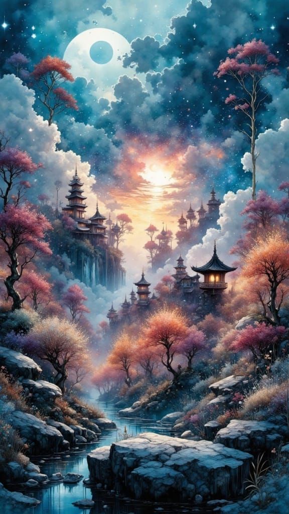 Surreal Bonsai Village in Clouds with Starry Waterfall