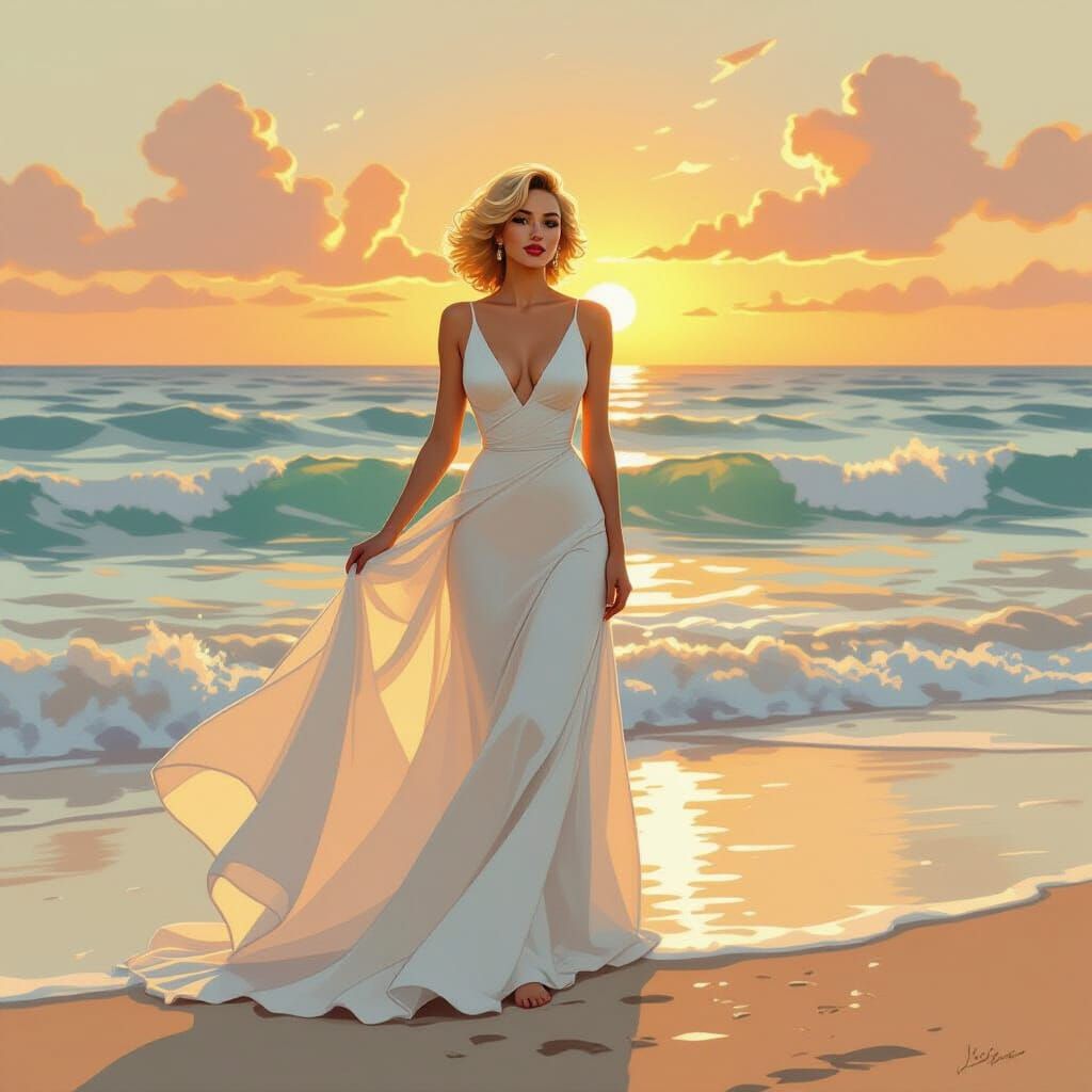 Marilyn Monroe at the Beach in Gouache Style