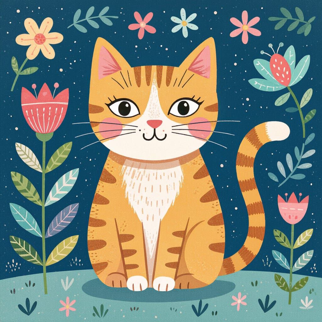 Whimsical Cat Portrait in Mixed Media Style