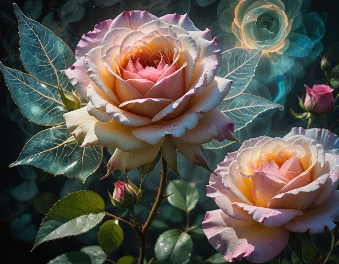 Angel and Rose Double Exposure in Vibrant Iridescent Colors
